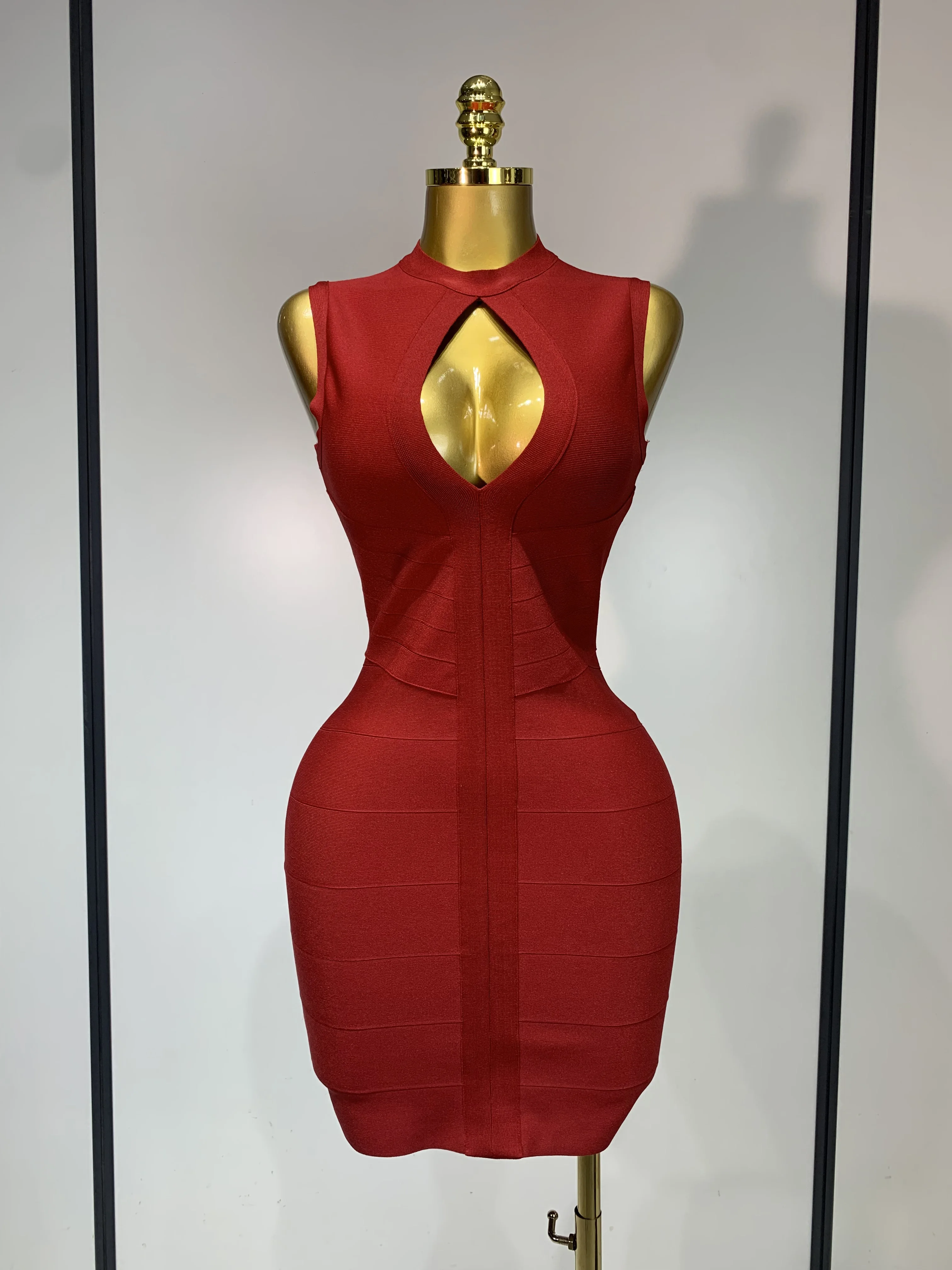 Women High Neck Sleeveless Diamond Red Black Hollow Bodycon Mini Dress Sexy Elegant Evening Party Luxury Birthday Club Gown