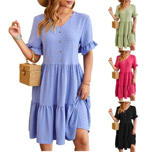 Women's Summer Midi V-Neck Jacquard Waist Short Sleeve Pleated Design Solid Breathable XS Washable Sustainable for Everyday