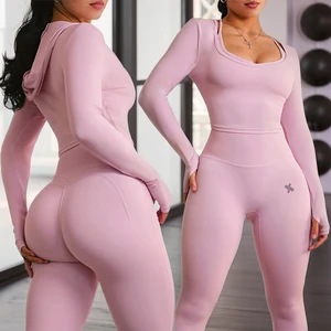 MIQI Custom 2 Pieces Long Sleeve Sports Top High Waisted Leggings Workout Pants Women Gym Fitness Sets