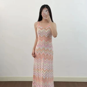 Bettergirl 2025 Fashion New Beach Halter Women Dress Slim Knitted Wave Pattern Long Dress