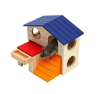 Natural Handmade Wooden Small Animal Hideout Hut Two Layers Wooden Pet Hamster Cage Houses