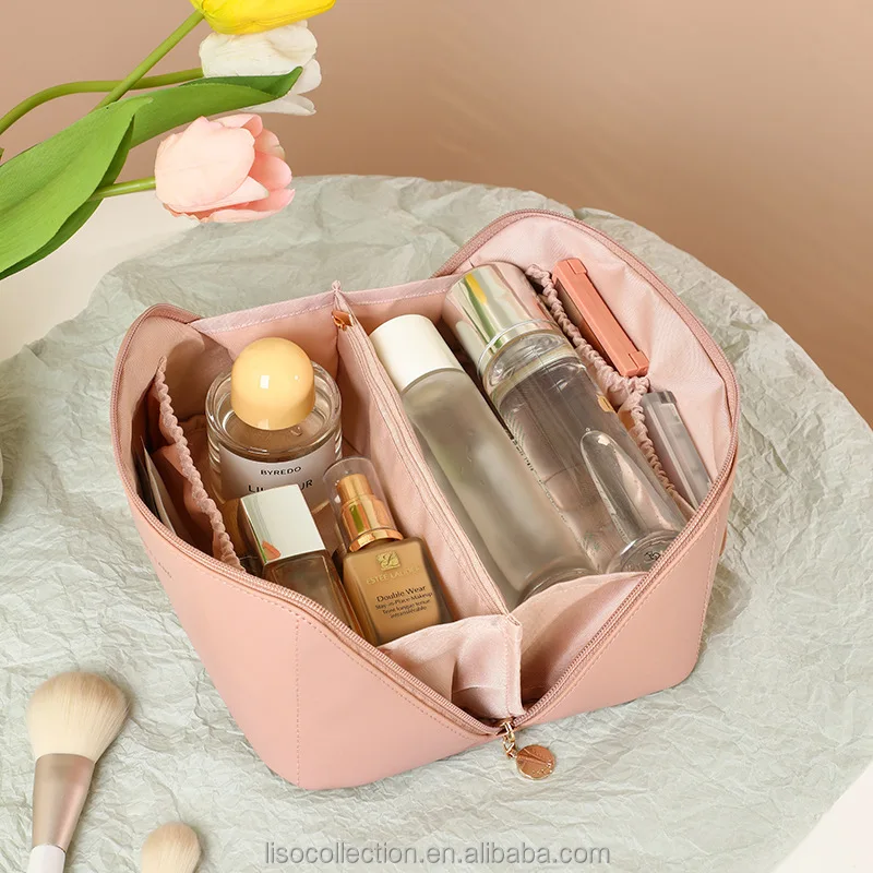 Durable Pu Portable Cosmetic Packaging Makeup Bag Women Large Leather