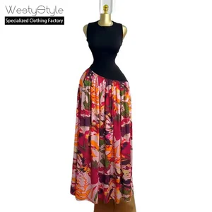 European American Women's Summer Collection Casual Natural Waist Floor-Length A-Line Chiffon Sleeveless Floral Printed Dress