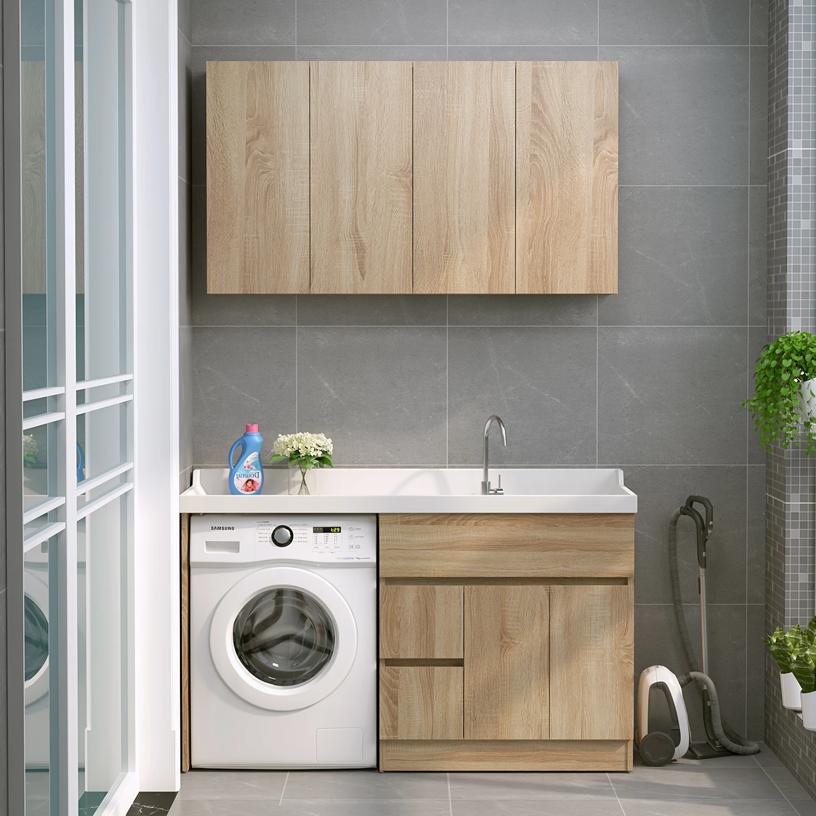 Solid Wood Washing Cabinet Basin and Cylinder Washing Machine Cabinet Are Integrated