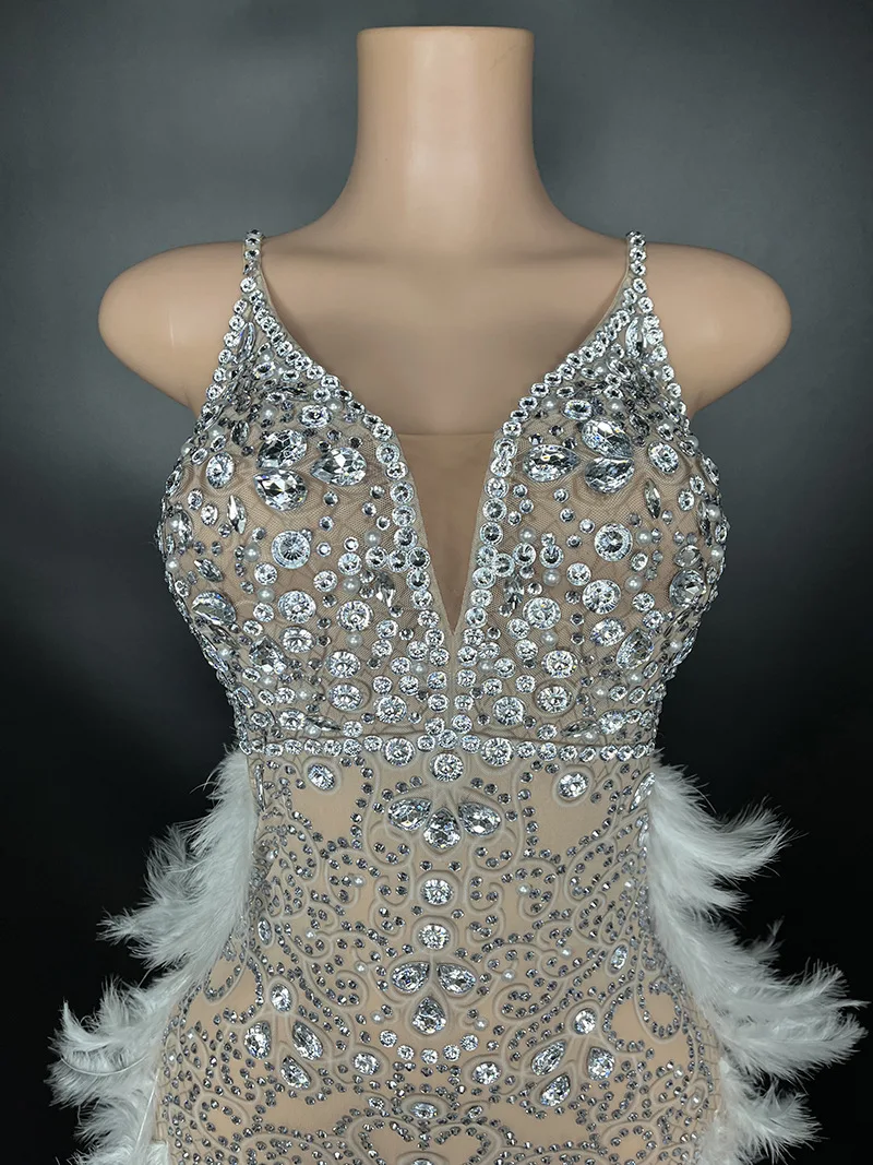 Hot Selling Evening Club Fashion Suspenders Sexy Dress Mesh See-through White Feather Birthday Party Club Dress