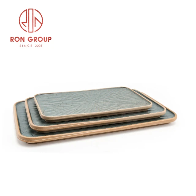 Cheap Japanese Style 10 12 Inch Dark Green Relief Square Sushi Dining Ceramic Plates for Restaurant
