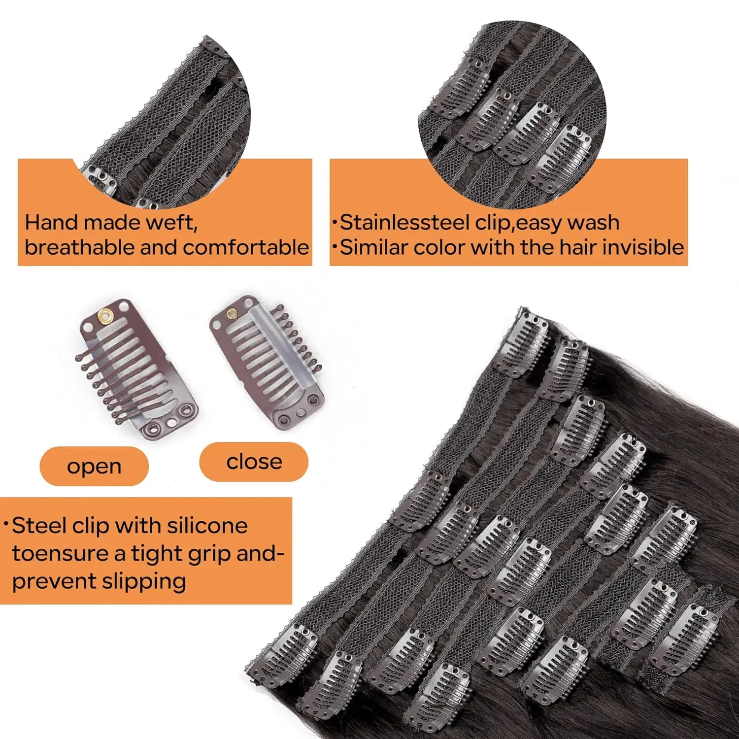 8 pezzi marrone scuro clip in estensioni per capelli umani Remy Weft_voghion.com