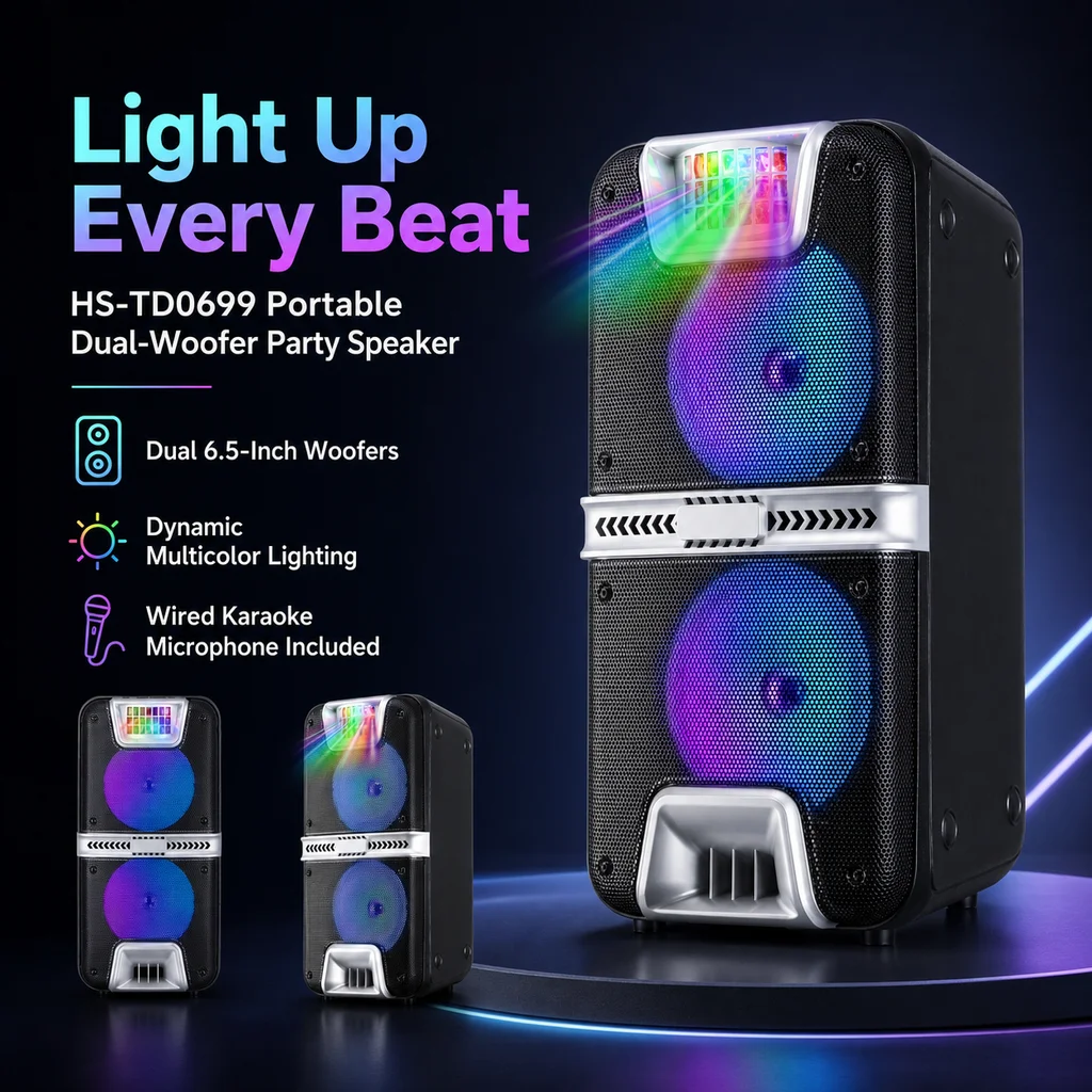 In Stock HS-TD0699  Dual 6.5 Inch Party Speaker with Dedicated Tweeter Rich Bass and Decorative Light Effects