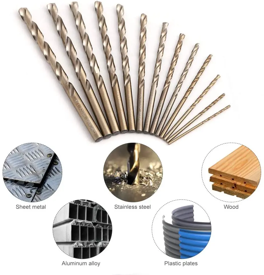 HIDOTOL Cobalt Drill Bit Set 15 PCS Stainless Steel M35 High Speed Steel Twist Jobber Length Drill Bits for Hardened Metal 1/16-3/8 Cast Iron Plastic and Wood with Indexed Storage Case 