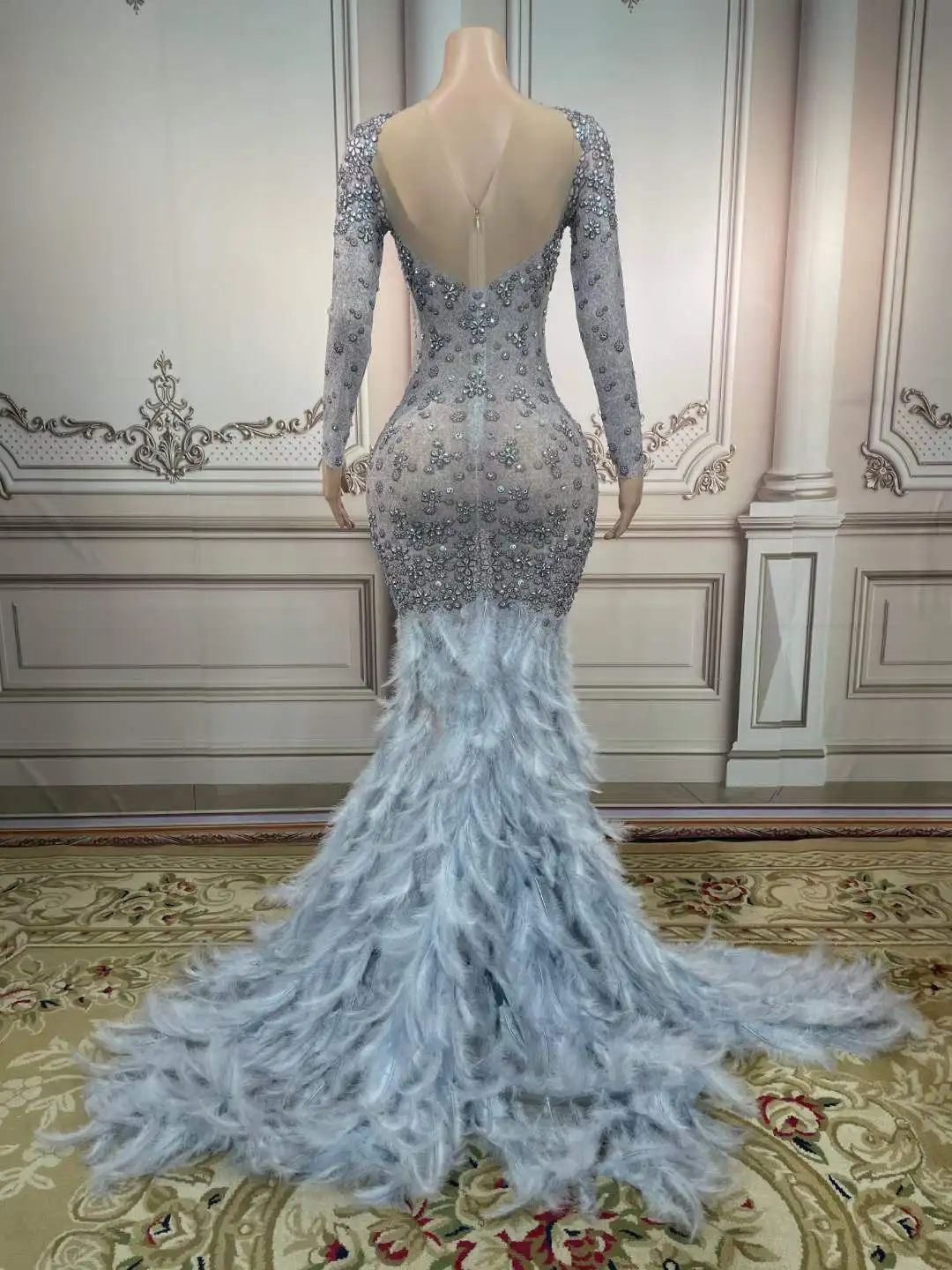 Newest Design Women Summer Elegant Dress Feather Mesh Patchwork Long Sleeve  Dress Rhinestone Floor Length Evening Dresses