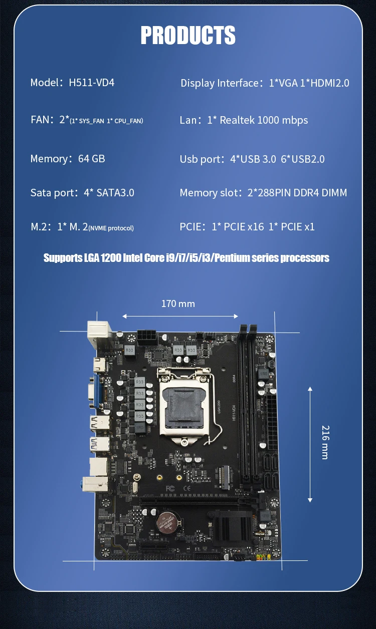 High Speed 32GB Dual Channels DDR4 H470 Motherboard