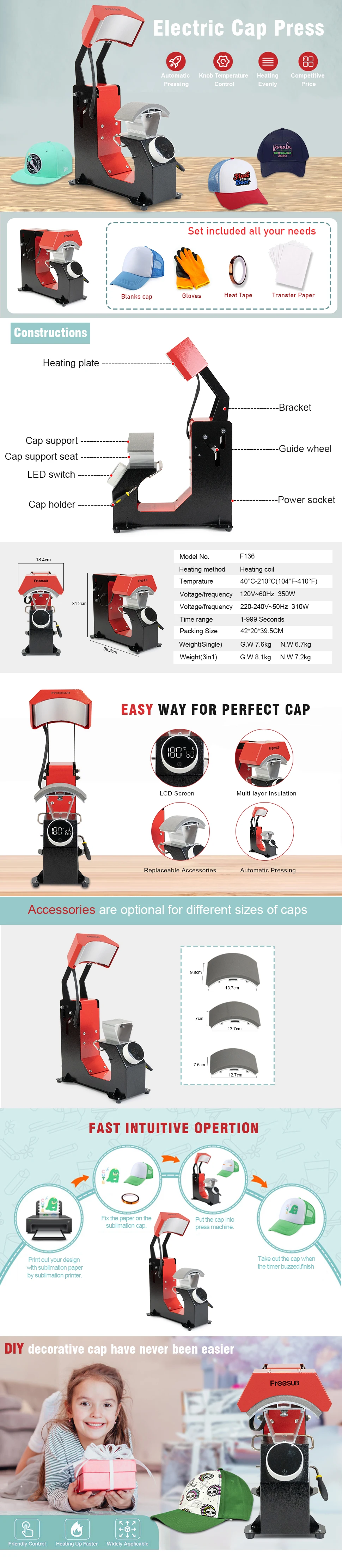 Freesub New Arrival 3 In 1 Automatic Cap Printing Machine Hat Heat