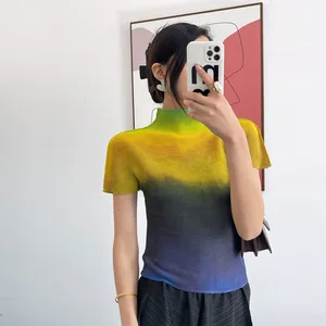 High Quality Miyake Pleated Rendering Top Women Casual Style Shirt Printed Stretch Pleats Short Sleeve T-Shirt