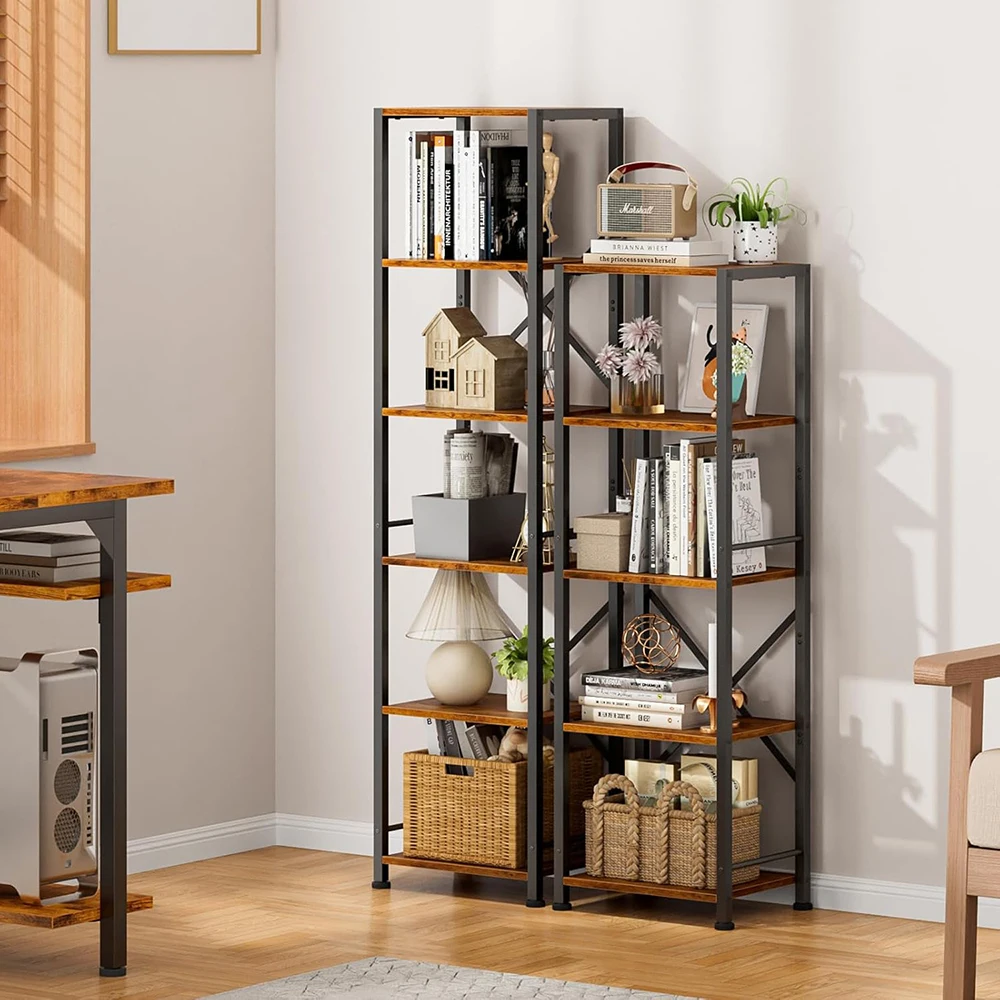 product 6 tier modern tall narrow bookshelf wood metal storage rack back organizer for living room home office entryway kitchen rustic-4