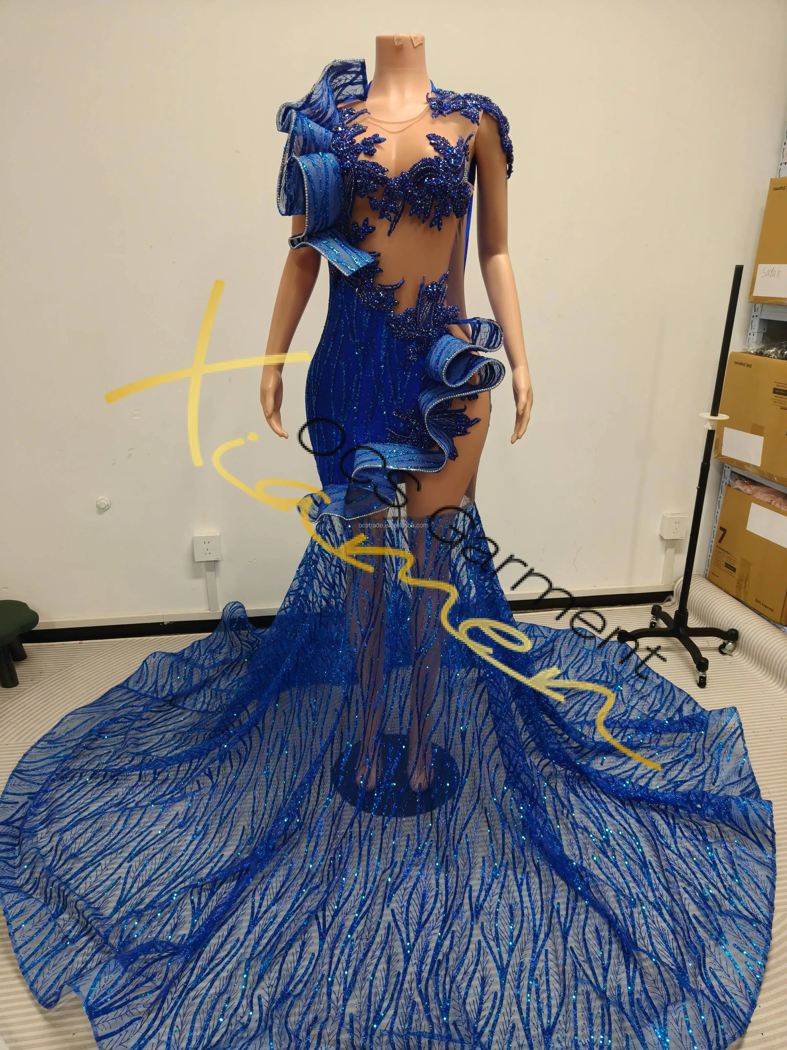 blue dress with rhinestones Blue A-Line Tulle Long Prom Dress Sparkly Formal Evening Dresses Custom Size / Custom Color