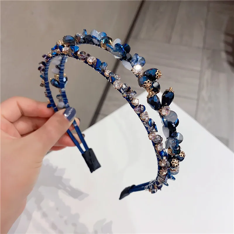 Diadema Ancha Con Diamantes De Imitación, Diadema De Cristal Azul Bandas Para La Cabeza Con Diamantes Brillantes Aro Retro Con Purpurina Para