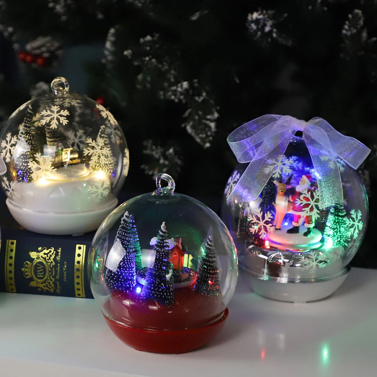 Rotating Christmas ornament bauble ball festive train house Scene LED Light Musical Rotate Animated Snow Globe Ball Decoration manufacture