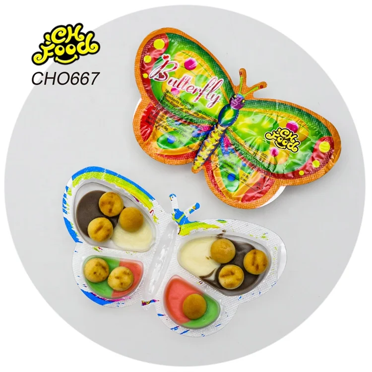 Wholesale 5in1 Four Flavor Chocolate Jam with Mini Cookie Ball OEM Butterfly Shape Chocolate Bisuits Candy Toy for Kids Halal