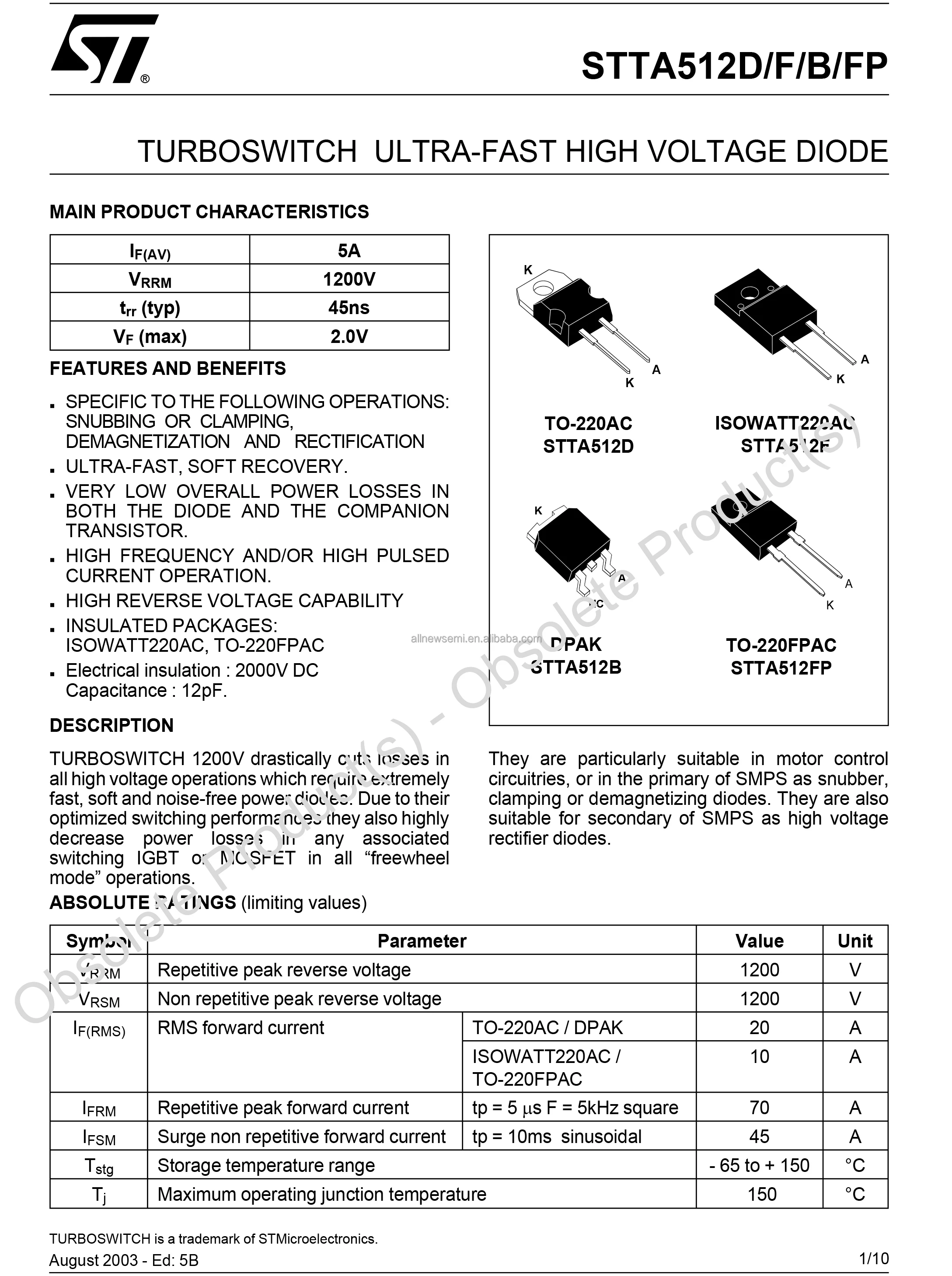 Hot sale original electronics STTA512FP DIODE GP 1.2KV 5A TO220FPAC Diode 1200 V 5A Through Hole TO-220FPAC