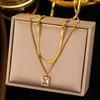 Square zircon pendant with stainless steel multi-layer chain