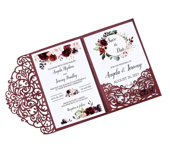 Customized Elegant Burgundy Laser Cut Hollow Rose Pocket Wedding Invitation Card for Wedding Bridal Shower Engagement Invite