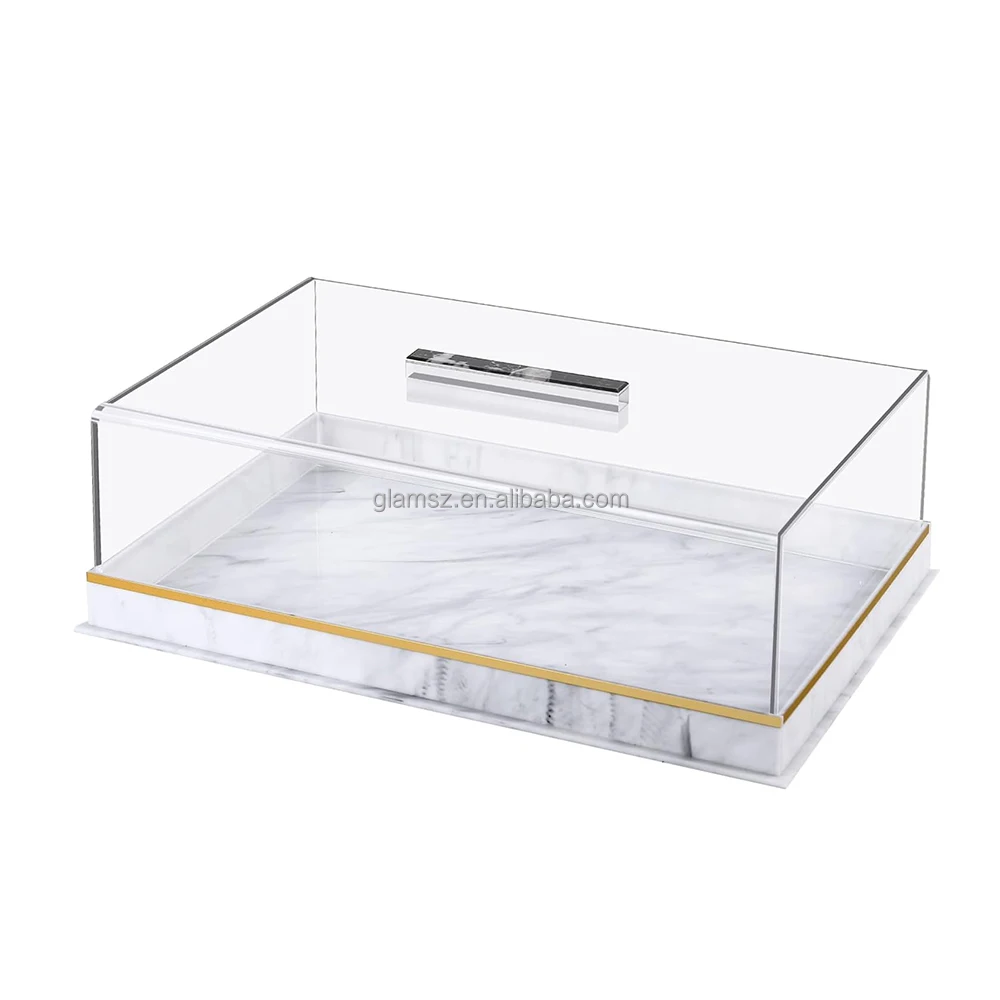 Clear Marble Color Base Lucite Rectangular Bread Dome Acrylic Cake Tray With Lid
