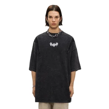 Wholesale Custom Cotton Drop Shoulder Streetwear Unisex Graphic Patchwork tshirt Heavyweight Vintage Acid Wash Plus Size t-shirt