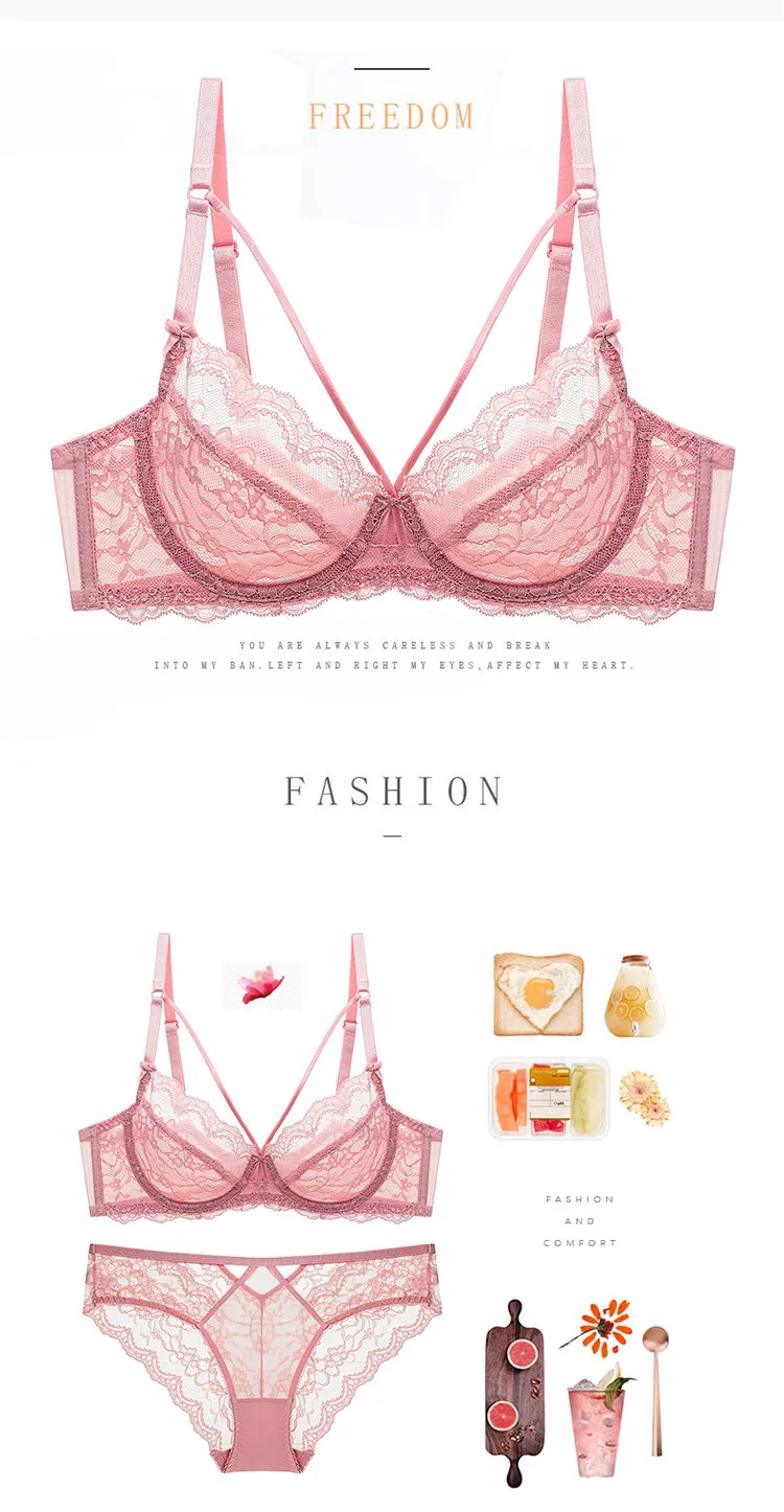 Women's Sexy Lace Ultra-Thin No Sponge Bra Set Transparent Adjusted-Straps Low-Rise Bikini Panties Logo Waist for Large Chest