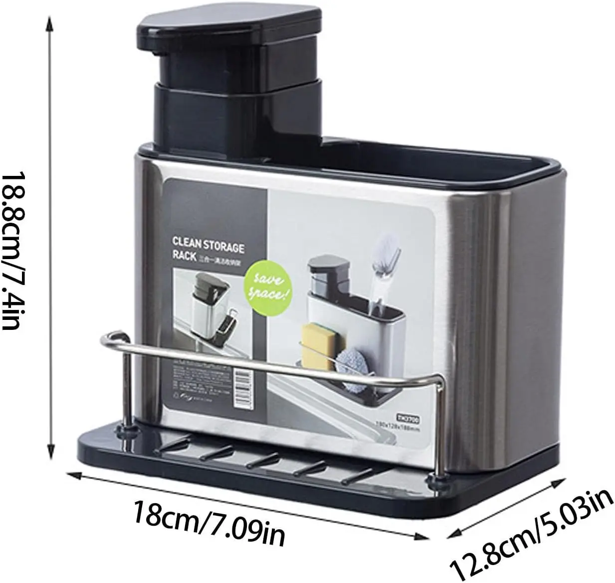 3 in 1 Multifunctional Kitchen Sink Organizer Stainless Steel Soap Dispensing Sponge Holder for Dish Detergent Brush