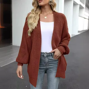 Good Quality Embossed Logo Cardigan Casual Style Women's Puff Sleeve Knitted Sweater with Pocket for Winter