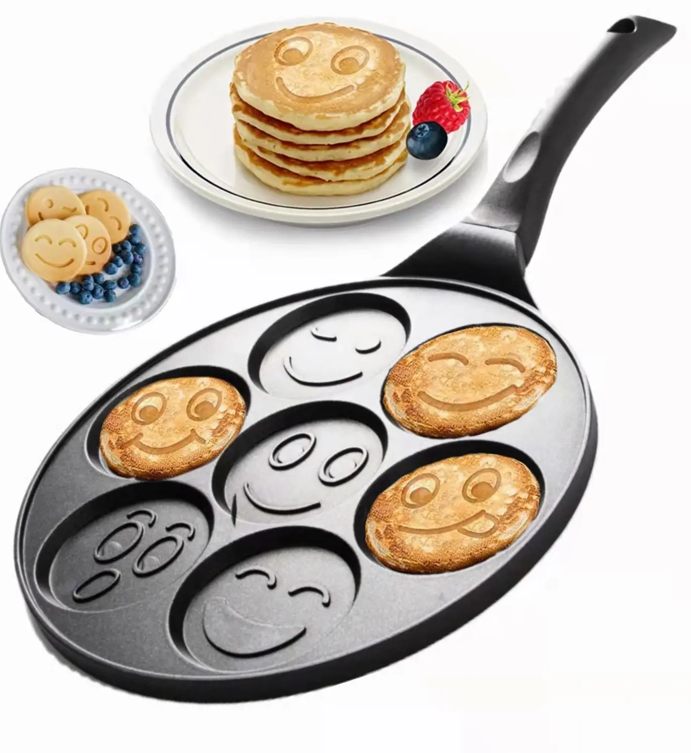 Fun 7 Emoji Mini Pancake and Flapjack Maker Gourmia GPA9540 Smiley Face Pancake Pan Die Cast Aluminum Cool-to-Touch Handle Double Layer Nonstick Coating 
