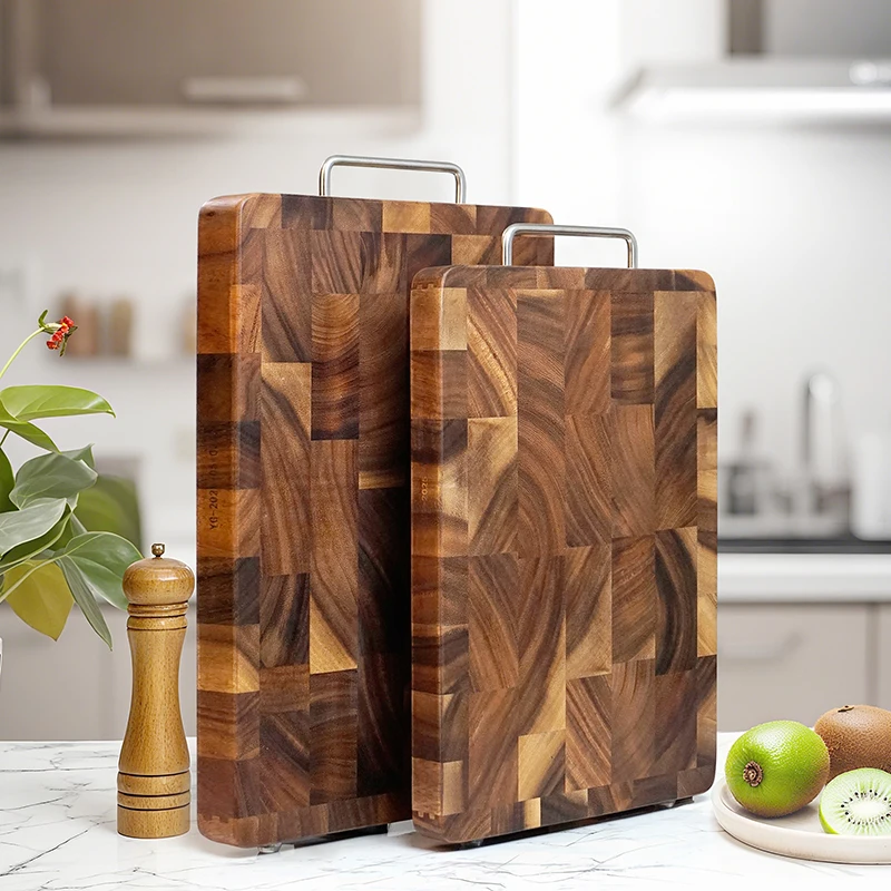 Trending Product 2026 Luxury Rectangular Shape End-grain Wood Chopping Block with Stainless Steel Handle for Kitchen Accessories