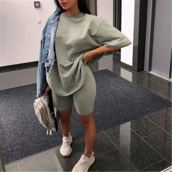 2021 Casual Loose T Shirt with Short Pant Sets Female Summer Solid Color Sports Two Pieces Short Set Women Clothing