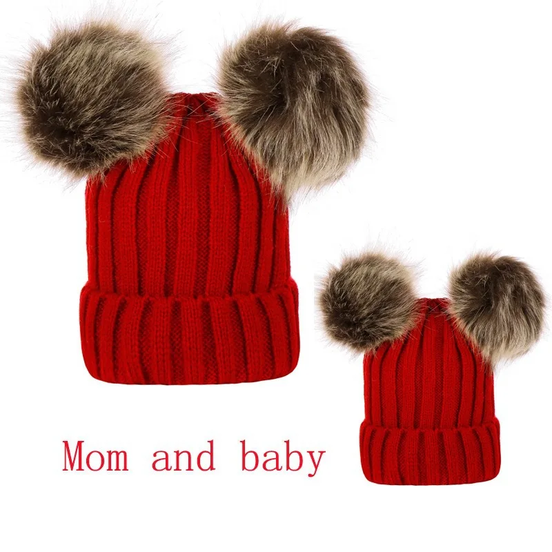 Wholesale Winter Warm Double Pompom Mom and Me Knit Beanies  display picture 3