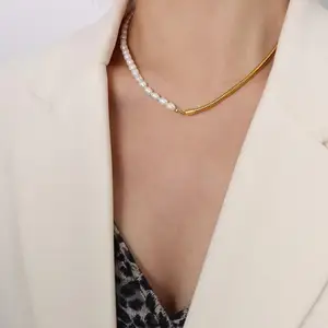 New Dainty Freshwater Pearl Mixed Chain Necklace 18K Gold Plated Elegant Stainless Steel Jewelry for Women and Girls