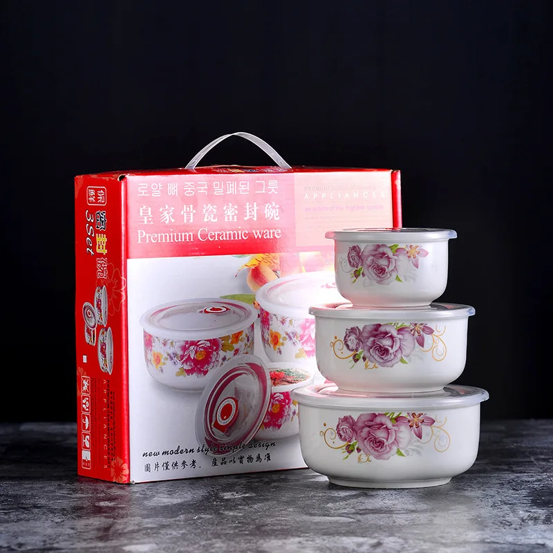 Custom Printed  Ceramic  Bowl 3 Set Microwave Safe Storage Food Container Fruit Serving Fresh Seal Bowls Noodle Bowl with Lid