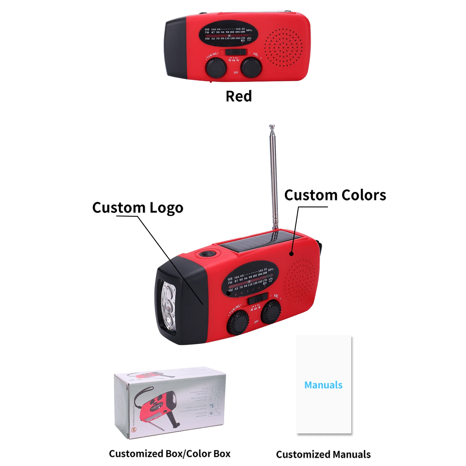 Solar Hand Crank & USB Powered AM/FM NOAA Weather Radio with LED Flashlight Emergency Power Bank (>5000mAh) ABS Material