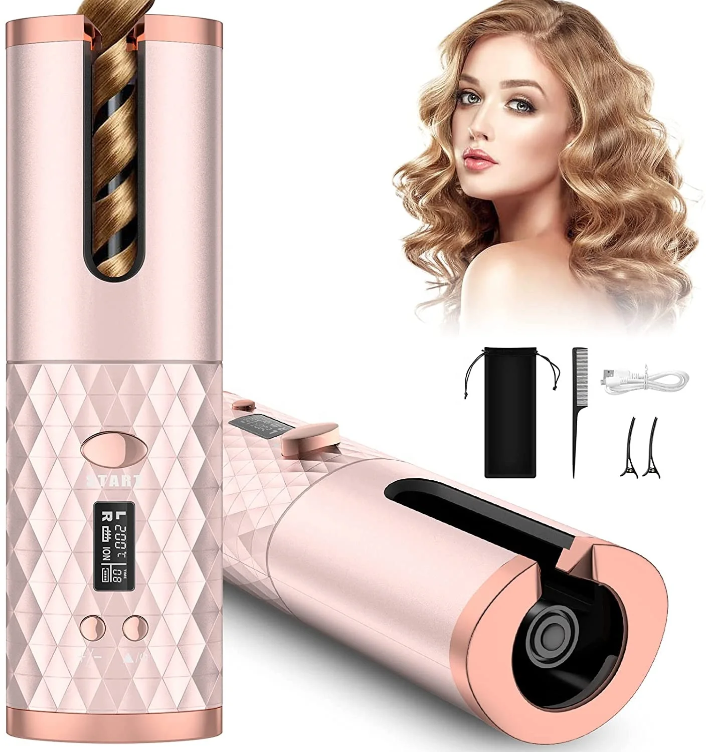 USB Rechargeable Cordless Automatic Fast Heating Curling Iron Portable Ceramic Barrel Hair Curling Wand for Hair Styling Anytime