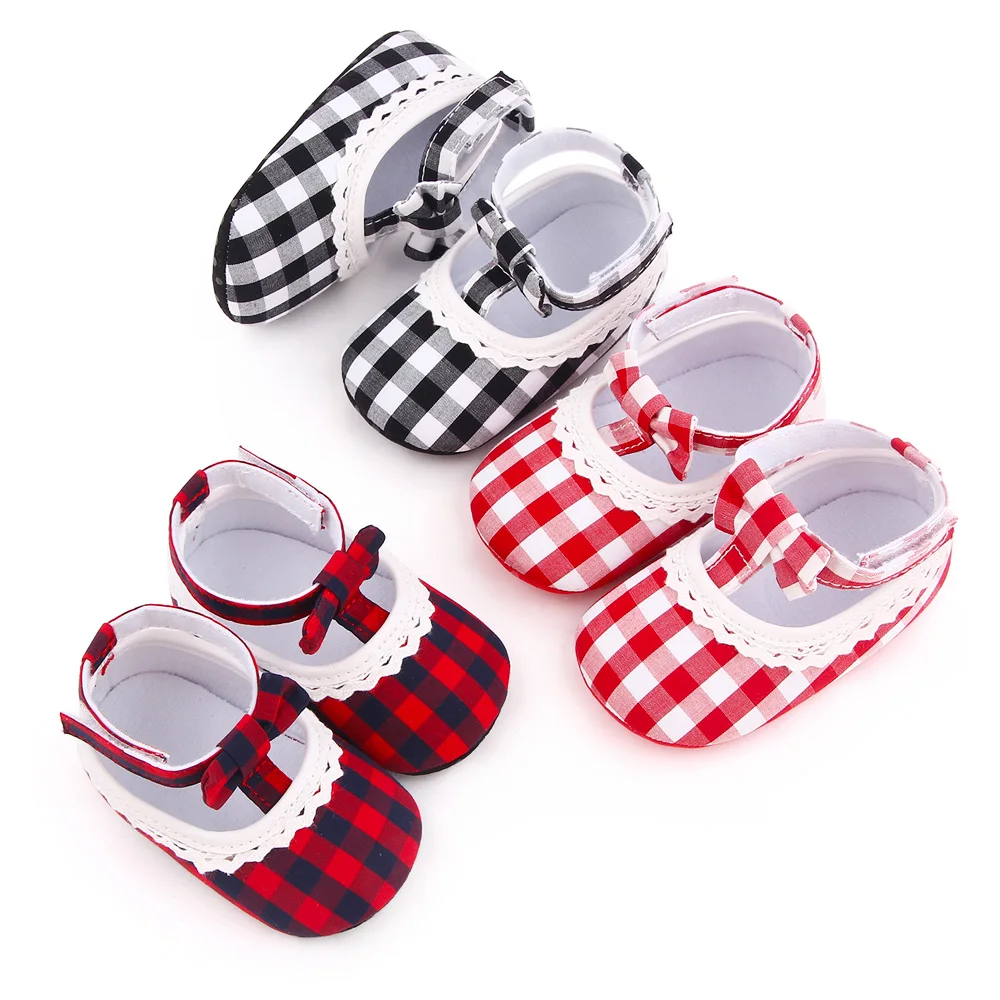 Color Matching Plaid Bow Wavy Lace Soft Soled Baby Girls Cute Princess Toddler Shoes