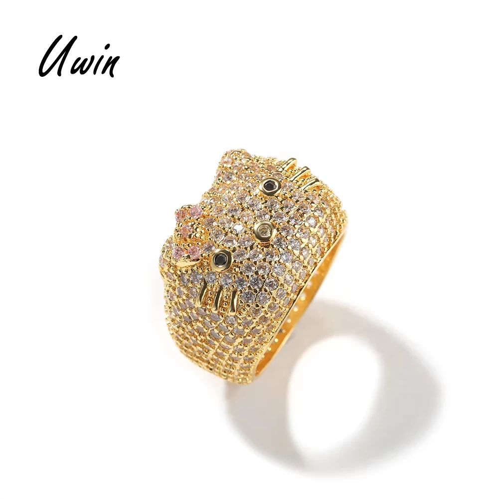 Sanrio Cartoon HK Cat Rings with Cat Face Ring Women 18K Gold Plated Iced Out 5A CZ Y2K aperçu 2