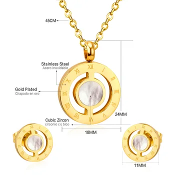 Roman Numeral Jewelry Round Coin Bezel Pendant Charm Necklace and Earrings Jewellery Set for Women Gold Color Stainless Steel