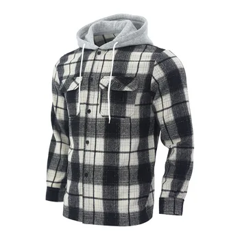 Autumn New Fashion Custom Men's Jacket Breathable Cotton Shell Hooded Checkered Shirt XL Size Flannel Casual Winter Wear OEM