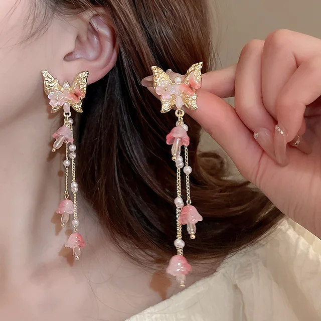 Silver Needle Butterfly Flower Crystal Tassel South Korea Sweet Long Fashion Light Luxury Wholesale Stud Earrings for Woman