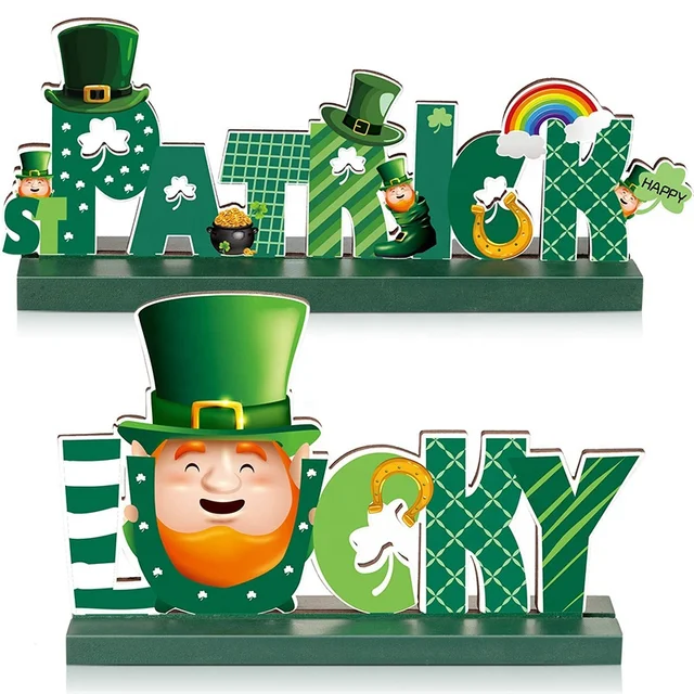 St. Patrick's Day Wooden Table Decorations Cute Leprechaun Clover Themed Party Carved Numbers Packaged in Bag for Holiday