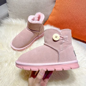 Wholesale Customized High Quality Winter Snowy Furry Ankle Fur Padded Outdoor Shoes Boots for Girls 3 Colors Button Pattern