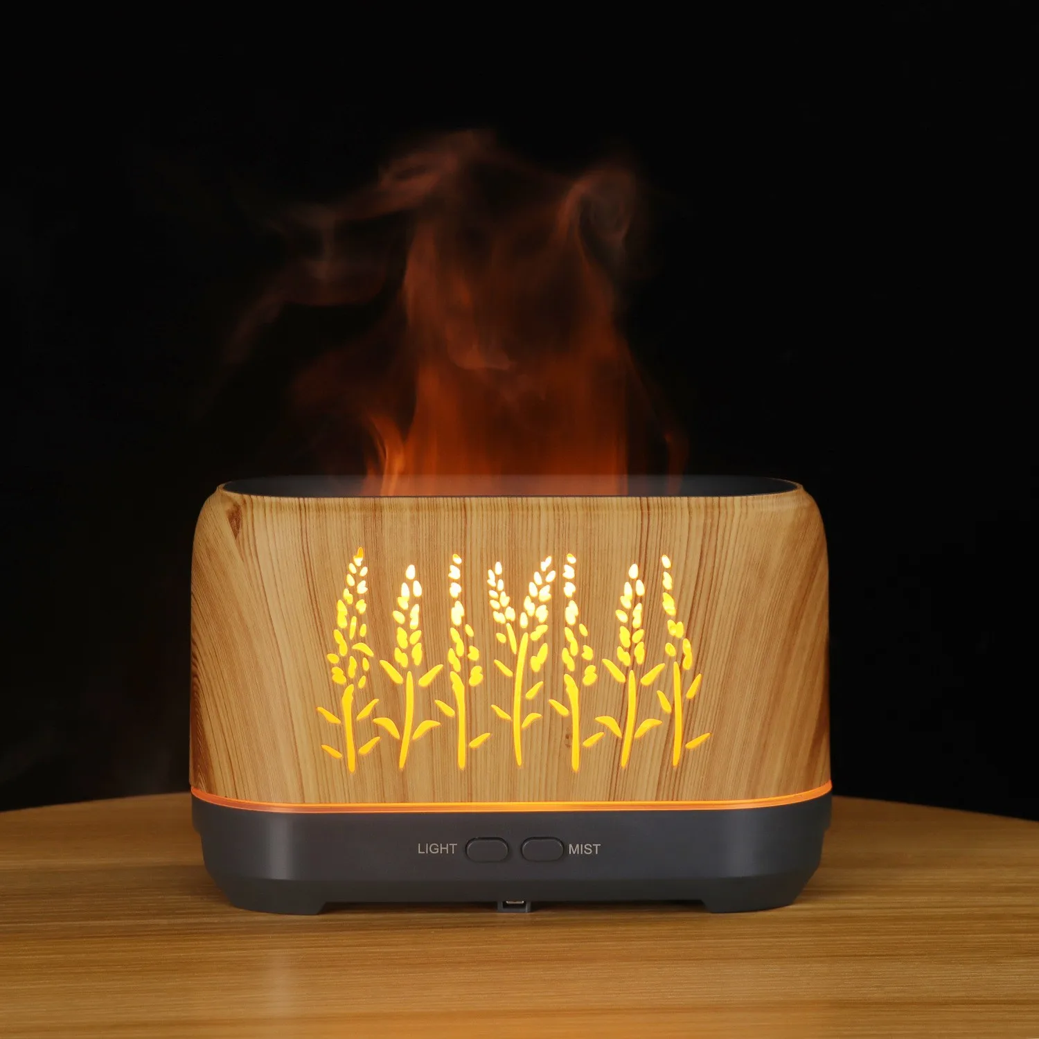 Factory Wholesale Simulated Flame Humidifier Wooden Hollow Volcano Perfume Machine Desk Silent Flame Fumigation Lamp