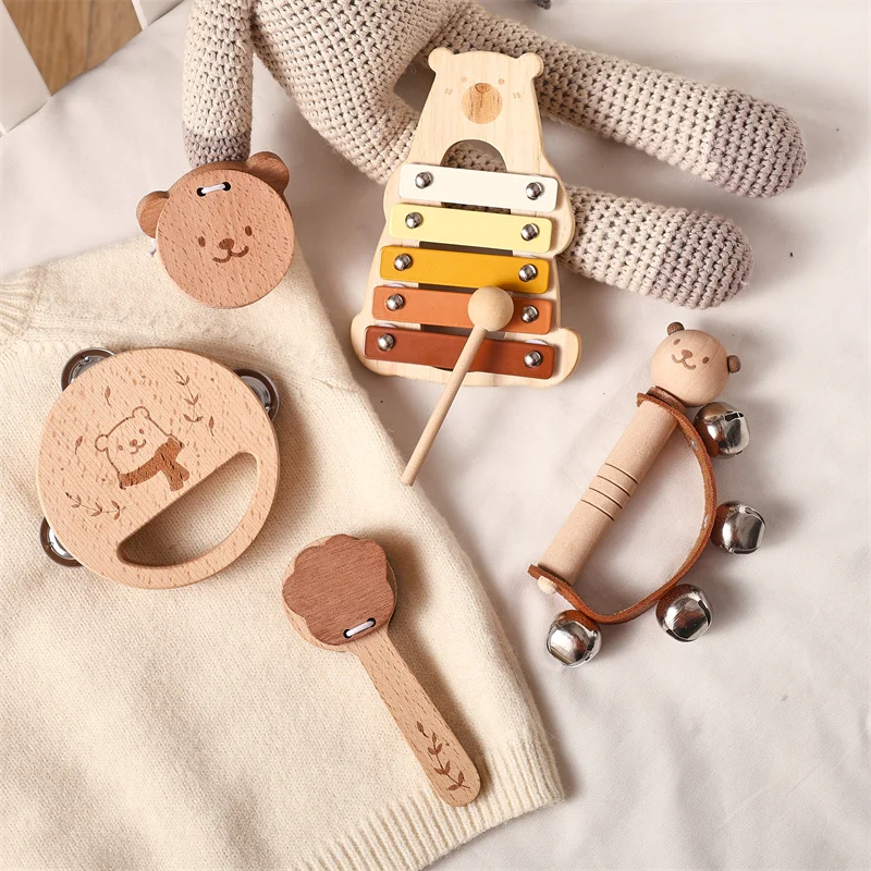 Set of 5 Bear Music Instruments Wood Percussion Piano Combination Educational Toy for Children