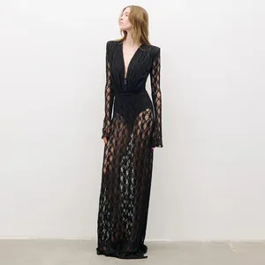 Bettergirl 2026 New French Lace Long Sleeve Sexy Beach Women Dress with V-Neck Trendy Party Black Long Evening Dress