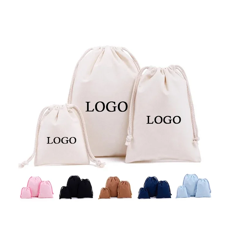 Customized logo Recycled Natural Canvas Cotton Drawstring Bag Pouch Small Muslin White Cloth Double String Bag for Jewely