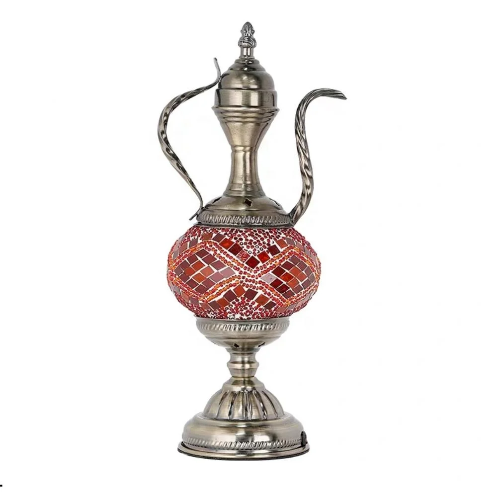 Handmade Teapot Light Moroccan Mosaic Glass Table Desk Bedside Turkish Lamps with Bronze Base